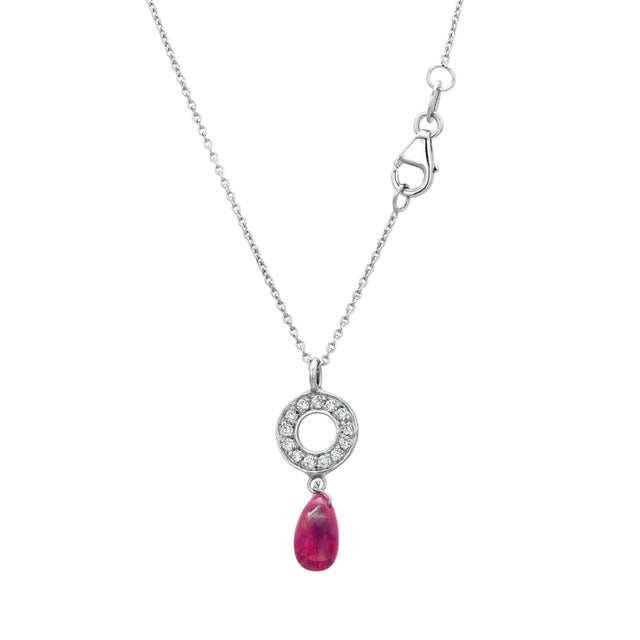 14k White Gold Ruby Briolette and Diamond Circle Drop Necklace For Sale - Image 10 of 10