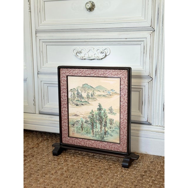 Wood 1960s Asian Hand-Painted Landscape Tabletop Screen | Traditional Oriental Desk Decor For Sale - Image 7 of 11