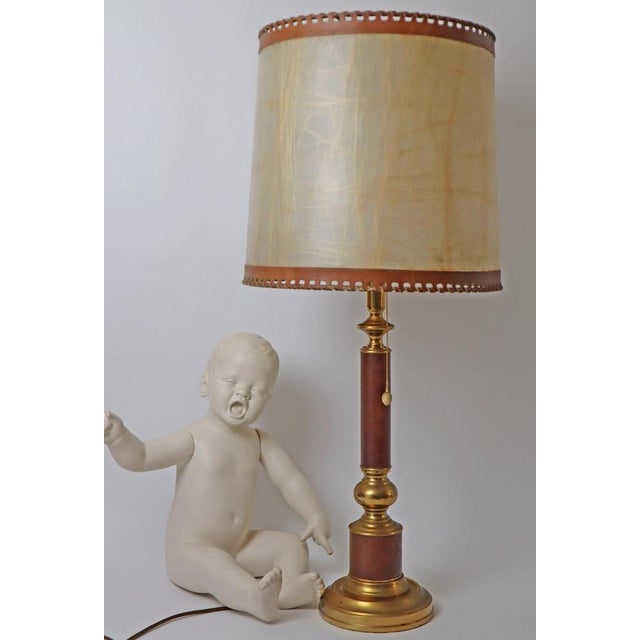 Brown Large Hollywood Regency Leather and Brass Table Lamp, 1960s For Sale - Image 8 of 18
