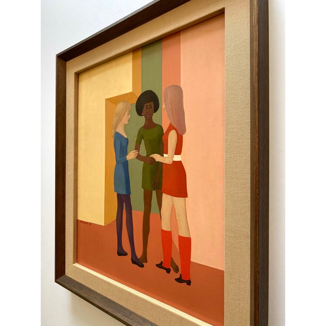 Pierre Georgeot Vintage 1970 Mid Century Modernist " Trois Aimes " Original Framed Paris Pop Art Oil Painting For Sale - Image 14 of 17