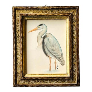 Hand-Painted White Heron Painting. Framed For Sale