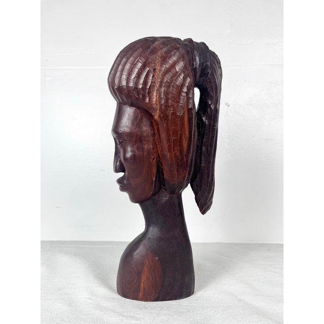 Mid 20th Century Vintage Carved Wood Woman With Ponytail Bust Sculpture For Sale - Image 5 of 9