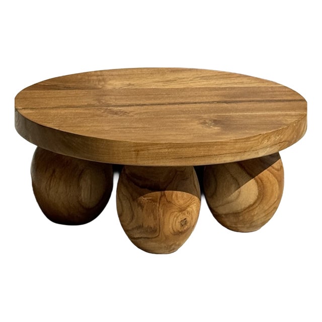 Minimalist Ottoman or Side Table with Ball Legs in Teak, 1980s For Sale