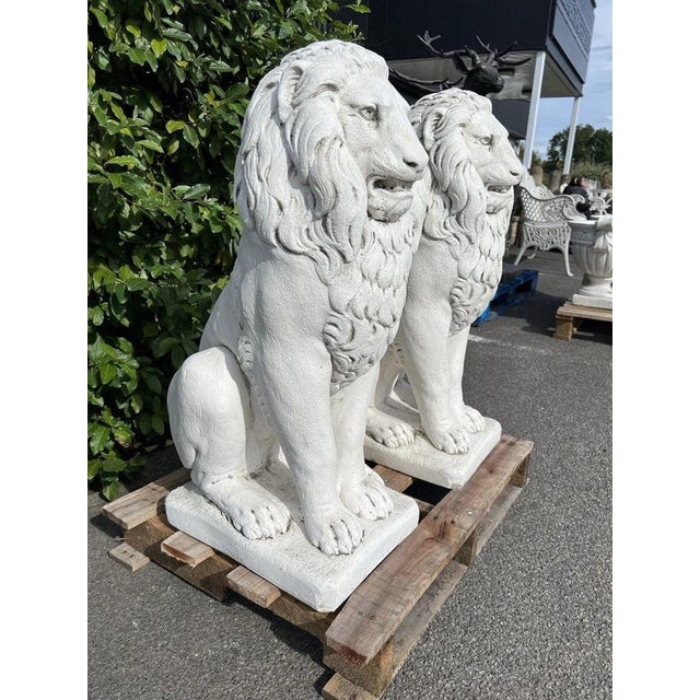 Classical Seated Lion Garden Statues in White Cast Stone, Set of 2 For Sale - Image 9 of 13