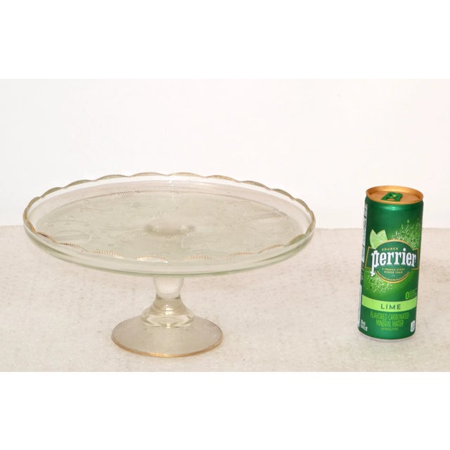 Transparent Art Deco Crystal Gold Ruffled Edge Pedestal Cake Stand Musical Instruments 1950s For Sale - Image 8 of 13