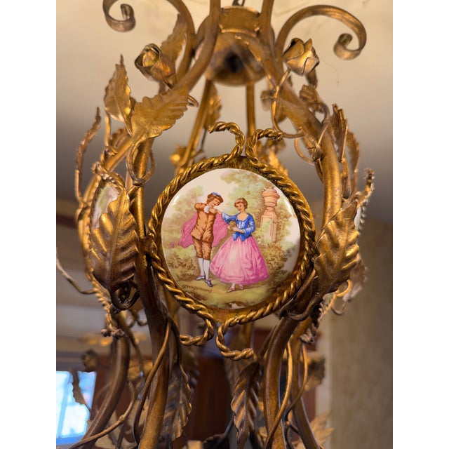 Rococo Vintage Gilt Metal & Hand-Painted Porcelain Medallion Chandelier, Rococo Revival Style For Sale - Image 3 of 8