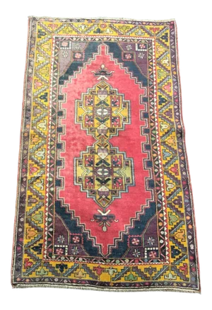 Vintage Traditional Turkish Handmade Red Blue and Yellow Rug