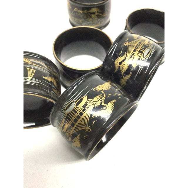 1910s Antique Japanese Lacquered Wood Hand-Painted Napkin Rings Set of 6 For Sale - Image 5 of 9