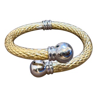 Two Tone Cuff Bangle Bracelet 18 Karat Solid Yellow & White Gold 24 Gram For Sale
