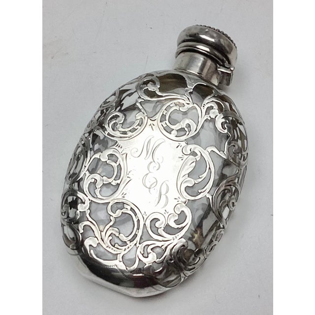 Antique Art Nouveau Silver Overlay Flask A beautiful little treasure from the Art Nouveau era, standing 4 3/4” tall, 2...