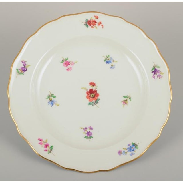 Meissen, Germany. Six dinner plates in porcelain. Hand-painted with polychrome floral motifs, gold rim. Approximately...
