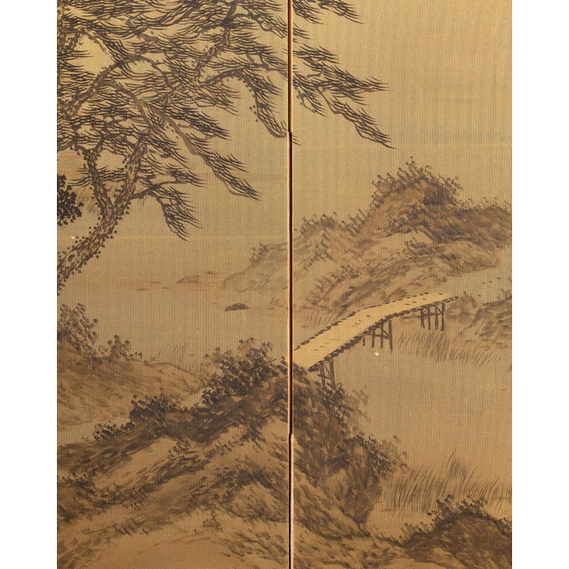 Metal Japanese Two Panel Screen: Rural Mountain Landscape For Sale - Image 7 of 13