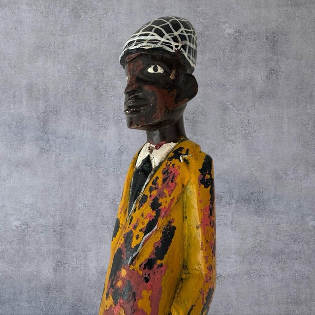 Vintage African Carved Wood Colon Statue Figure Gentleman Suit Painted 17 In For Sale In Los Angeles - Image 6 of 10