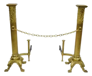 19th Century French Empire Bronze Large Paw Foot Column Fireplace Andirons - a Pair
