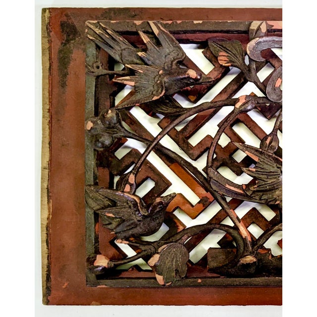 Asian Antique 19th Century Wooden Panel of Seven Birds on a Lattice Background For Sale - Image 3 of 6