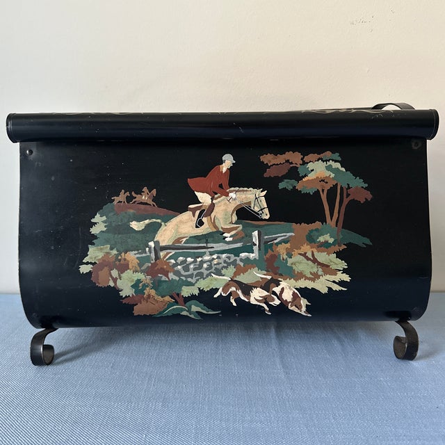 Late 20th Century Hand Painted Tole Equestrian Horse Magazine Rack Black Metal Vintage For Sale - Image 11 of 12