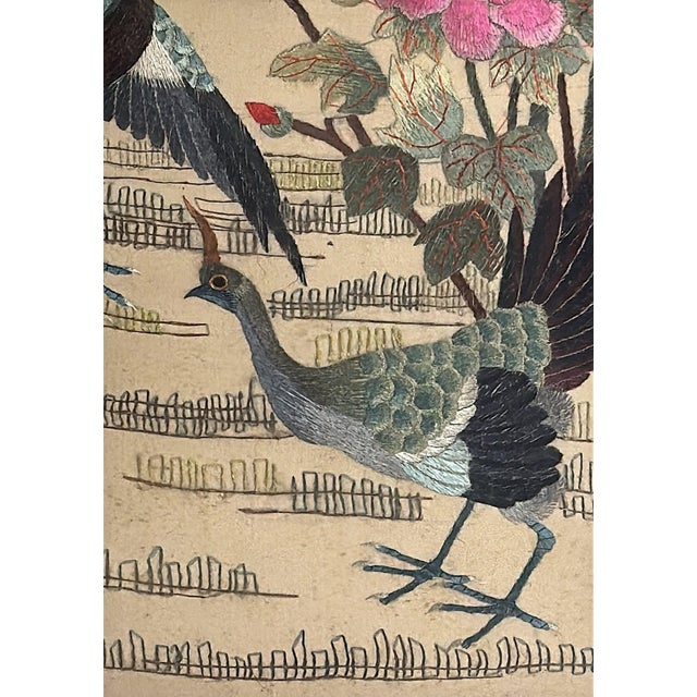 Antique Chinese Silk Embroidery Panel With Peacocks, Peonies, and Bamboo For Sale - Image 11 of 18