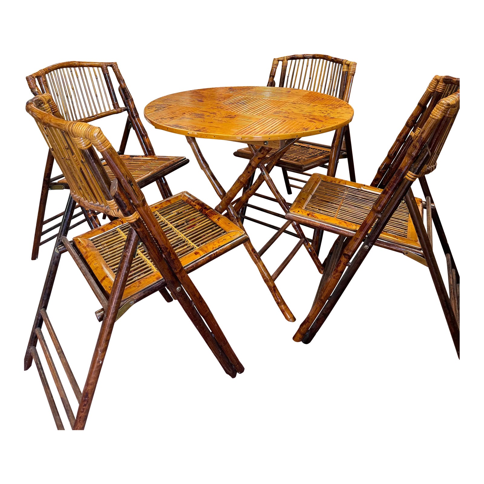 1980s Vintage Burnt Bamboo Folding Table and Chairs, a Set of 5