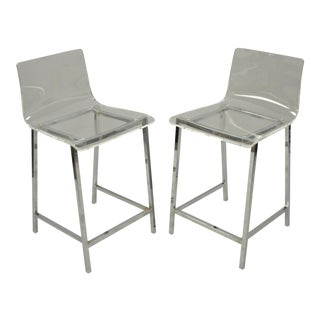 Contemporary Modern Lucite Acrylic & Chrome Modern Counter Stools - a Pair For Sale