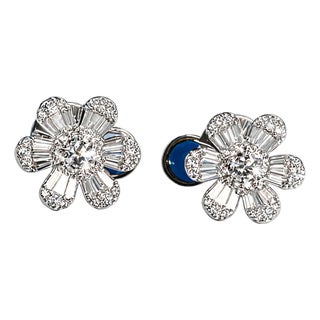 Late 20th Century 18K White Gold Baguette Diamond Floral Flower Stud Earrings Estate, Pair For Sale