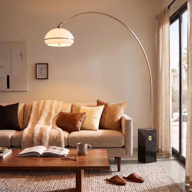 Mid-Century Modern Iconic 95" Morelli Arc Floor Lamp, Mid-Century Modern, Brass, Marble Base, Lucite Shade For Sale - Image 3 of 4