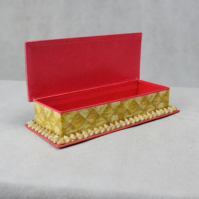 Shell Encrusted Rectangular Keepsake Box With Red Silk Lid For Sale - Image 4 of 5