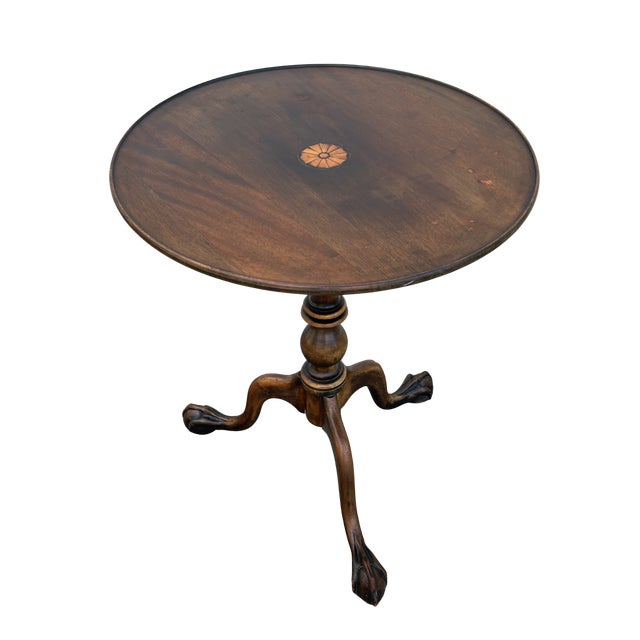Antique George III Style Mahogany Tilt-Top Tea Table with Satinwood Inlay & Ball-and-Claw Feet | Birdcage Tripod Base...
