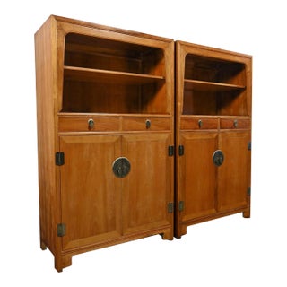 Pair 1950’s Asian Style Baker Furniture Far East Collection by Michael Taylor Natural Elmwood Colonnade Cabinets For Sale