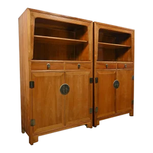 Pair 1950’s Asian Style Baker Furniture Far East Collection by Michael Taylor Natural Elmwood Colonnade Cabinets