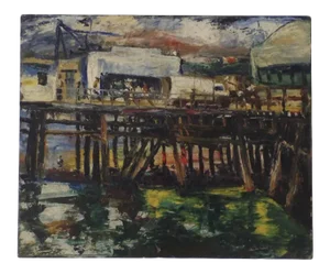 1940s "Pemberton Wharf Dock" Maritime Oil Painting