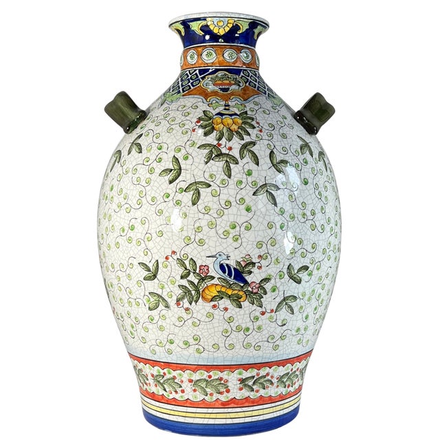 17+ In. Tall Chinese Jug Vase Stylized Blue Songbird, Fruit & Leaf Pattern For Sale - Image 13 of 18