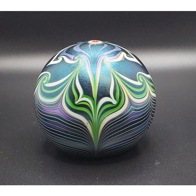 Orient & Flume Signed Flower Shield Art Glass Paperweight 1979 Iridescent Blue For Sale - Image 16 of 18