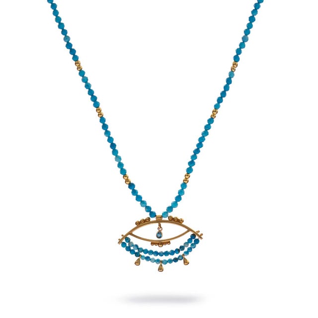 Turquoise Beaded Chain Evil Eye Topaz Gold Necklace For Sale - Image 11 of 11