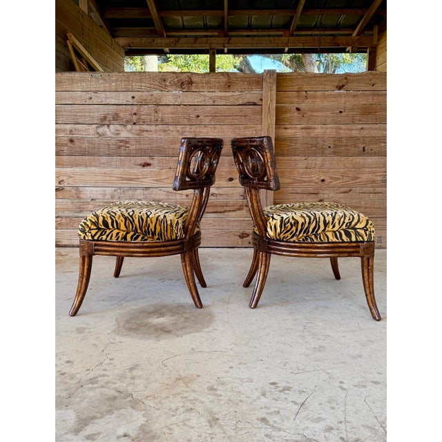 English Tommy Bahama Ring Back Rattan Slipper Chairs in Scalamandre Tigre – Pair For Sale - Image 3 of 12