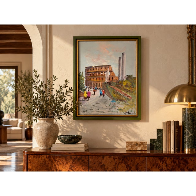 Vintage oil painting on canvas depicting Rome’s iconic Colosseum, Roman ruins, and strolling figures in a colorful...