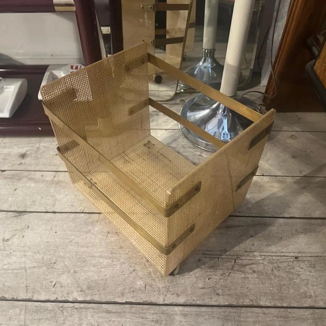 1980s Dior Home Style Mid-Century Modern Brass and Wicker Magazine Stand For Sale - Image 11 of 18