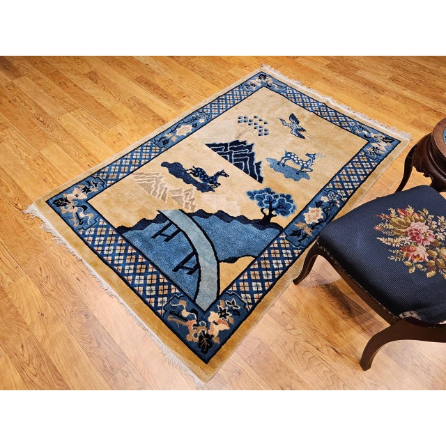 Vintage Chinese Art Deco Pictorial Rug, Hand-Knotted Wool, Early 1900s, 5' x 7' For Sale - Image 4 of 15