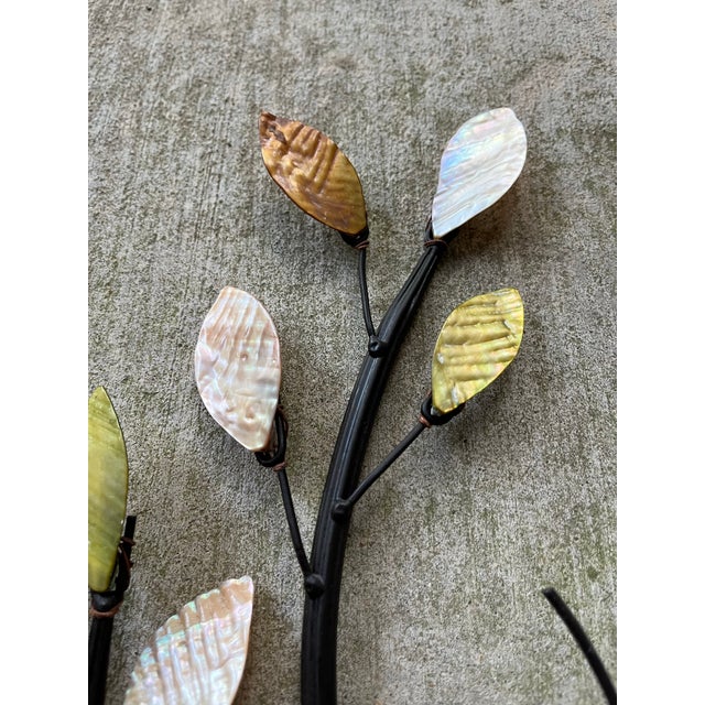 Mid-Century Modern Curtis Jere-Style Wrought Iron Mother of Pearl Leaves Branches Wall Hanging For Sale - Image 3 of 12