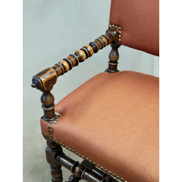 Wood Antique European Renaissance Revival Chairs With Terracotta Linen Upholstery - A Pair For Sale - Image 7 of 14