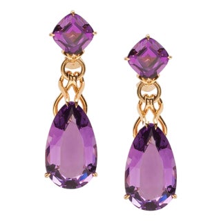Amethyst Pear Shape Cushion Earrings, A Pair For Sale