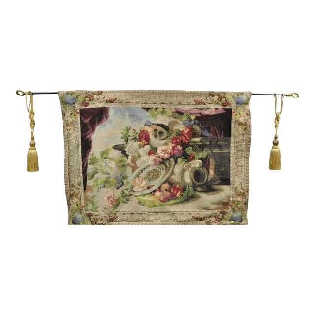 Jacquard Woven French Wall Tapestry Still Life Flowers & Mandolin by J&d For Sale