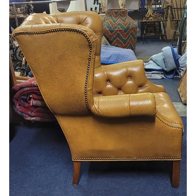 American Vintage 1950s Leather Tufted Chippendale Wing Chair For Sale - Image 3 of 14
