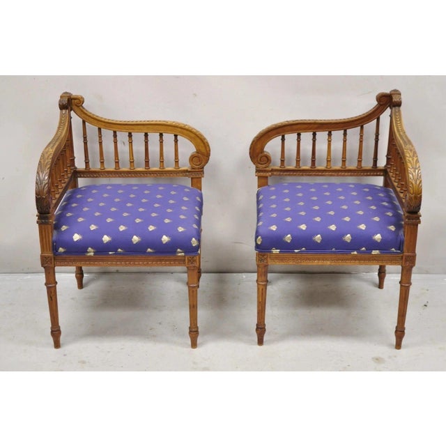 French Antique French Louis XVI Style Carved Walnut Lyre Harp Corner Lounge Chair Pair For Sale - Image 3 of 12