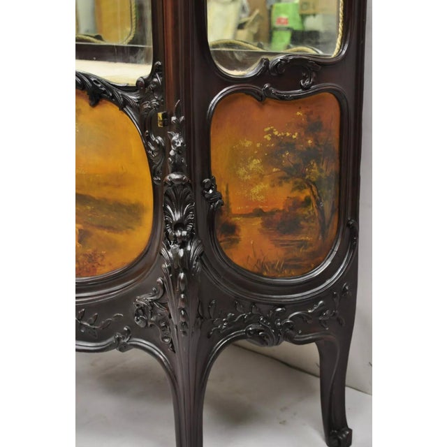 Brown French Louis XV Mahogany Hand Painted Curved Glass Vernis Martin Curio Cabinet For Sale - Image 8 of 12