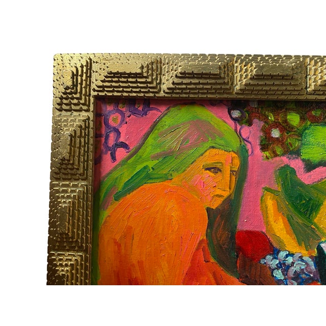 1990s Vintage Colorful Oil on Board Painting of Nude Woman and Fruit in Handmade Geometric Wood Frame, Signed Alfonso Caliendo Circa 1990 For Sale - Image 5 of 12