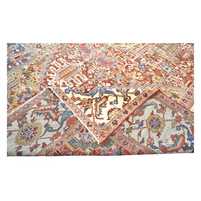 Antique Persian Heriz Wool 11X19 Rust, Ivory & Blue Handmade Area Rug #1140939 For Sale - Image 12 of 17
