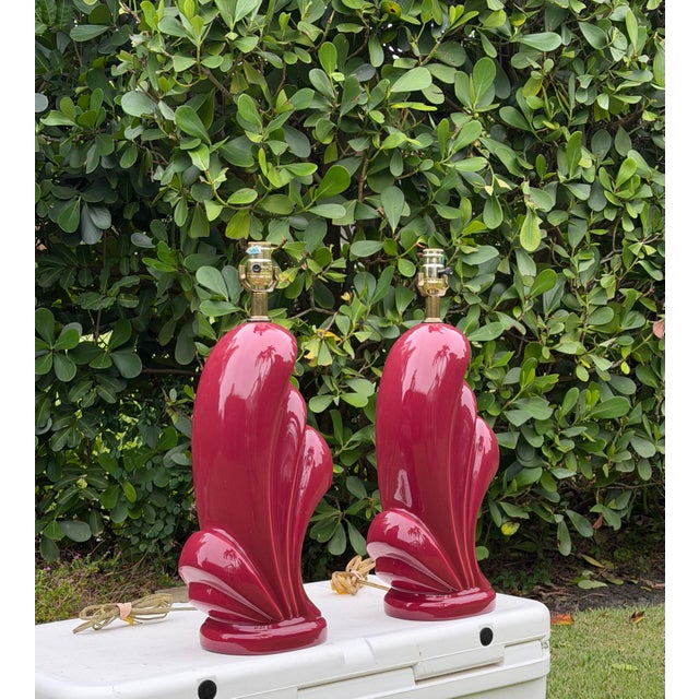 Make a bold statement with this striking pair of vintage 1980s Art Deco Revival ceramic table lamps. Featuring a highly...