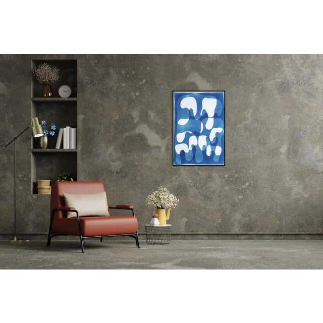 Blue 2025, Melting Curves, Abstract Floating Shapes in Blue Tones, MOnotype Cyanotype on Watercolor Paper by Kind of Cyan For Sale - Image 8 of 8