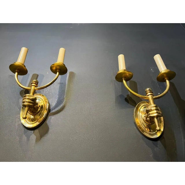 Metal 1930's Double Lights Hands Sconces - a Pair For Sale - Image 7 of 7
