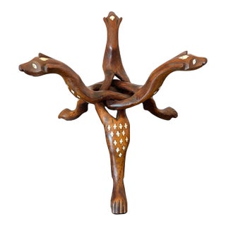 Exceptional 1930s Hand‑Carved Rosewood Snake Tripod Stand W/Bone Inlay For Sale